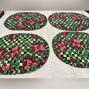Set of four vintage oval poinsettias and holly berry quilted placemats
